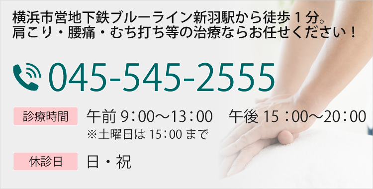 TEL:045-545-2555 診療時間：平日 午前9：00〜13：00　午後15：00〜20：00 土曜9:00～15:00 休診：日曜・祝日